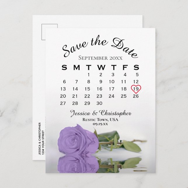 Lavender Purple Rose Calendar Save the Date Announcement Postcard (Front/Back)