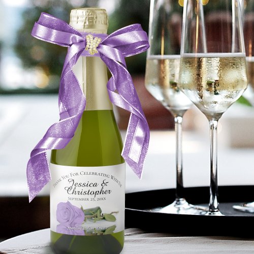 Lavender Purple Rose Classy Wedding Thank You Mini Sparkling Wine Label