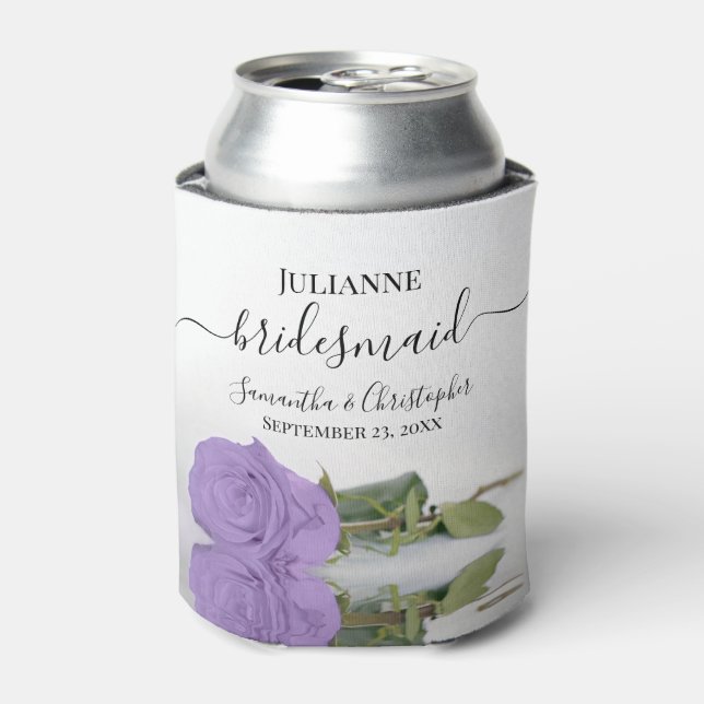 Lavender Purple Rose Elegant Bridesmaid Wedding Can Cooler (Can Front)