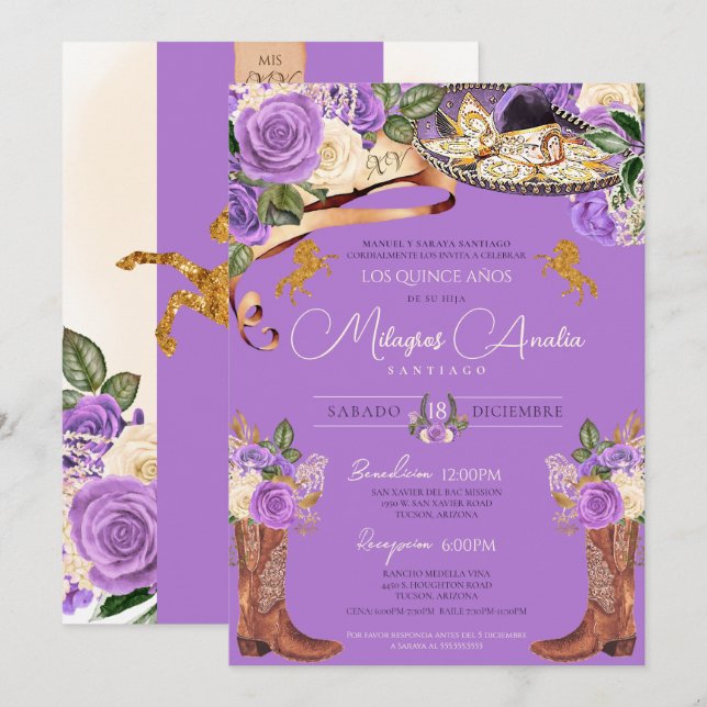 Lavender Purple Rose Fancy Charra Quinceanera Invitation (Front/Back)