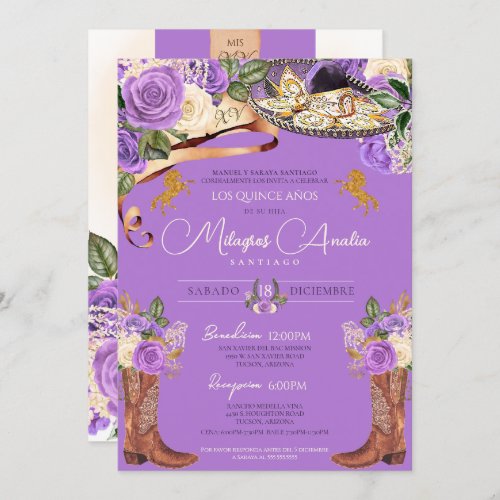 Lavender Purple Rose Fancy Charra Quinceanera Invitation