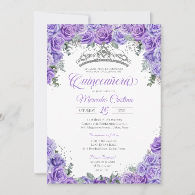 Lavender Purple Rose & Silver Tiara Quinceanera Invitation (Front)