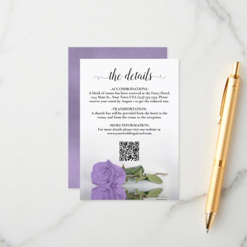 Lavender Purple Rose Wedding Details QR Code Enclosure Card