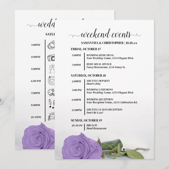 Lavender Purple Rose Wedding Events & Timeline Program (Front/Back)