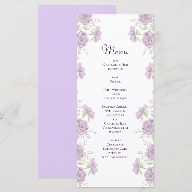 Lavender Purple Rose Wedding Menus (Front/Back)