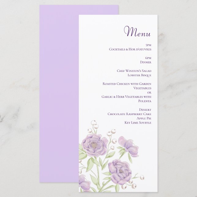 Lavender Purple Rose Wedding Menus (Front/Back)