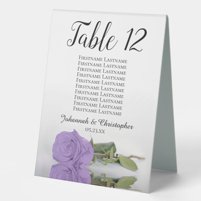 Lavender Purple Rose Wedding Number Seating Chart Table Tent (Front)