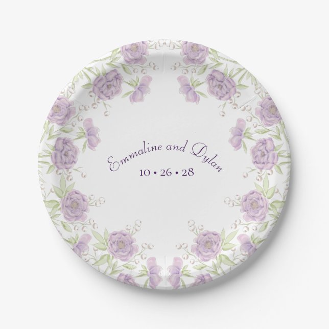 Lavender Purple Rose Wedding Paper Plates (Front)