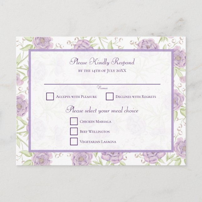 Lavender Purple Rose Wedding RSVP Holiday Postcard (Front)