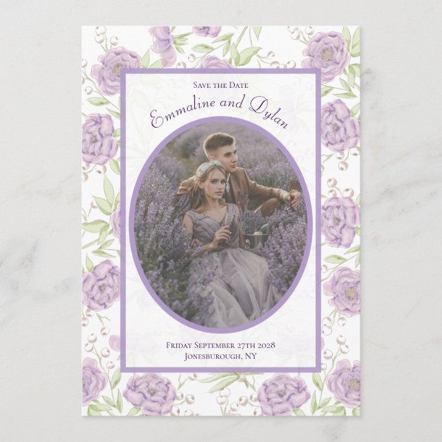 Lavender Purple Rose Wedding Save the Date Invitation (Front)