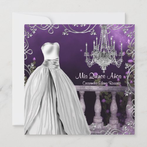 Lavender Purple Roses Chandelier Quinceanera Announcements