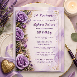 Lavender Purple Roses Surprise Birthday Party | Invitation