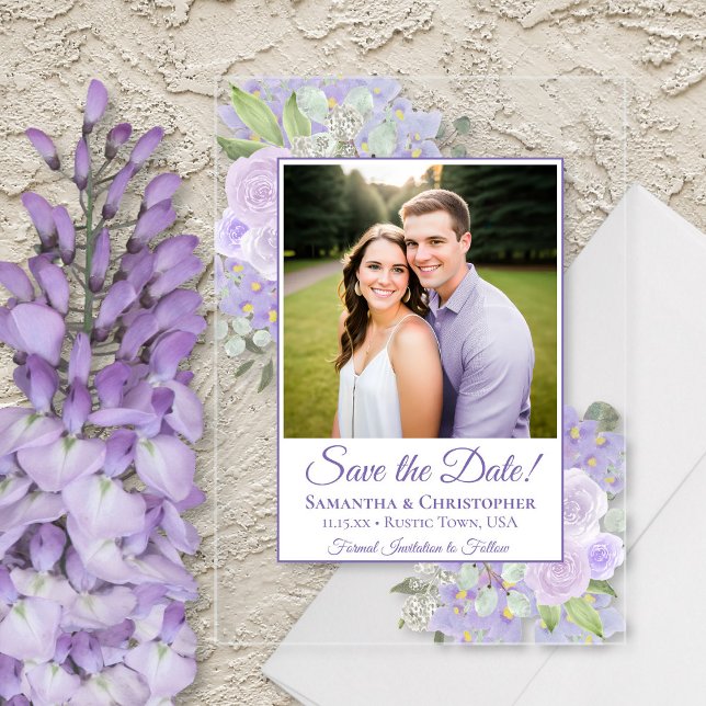 Lavender Purple Roses Wedding Save the Date Photo Acrylic Invitations (Clear Acrylic with Rectangle Cut)