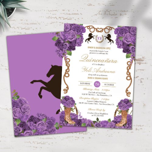 Lavender Purple Roses Western Charro Quinceanera Invitation