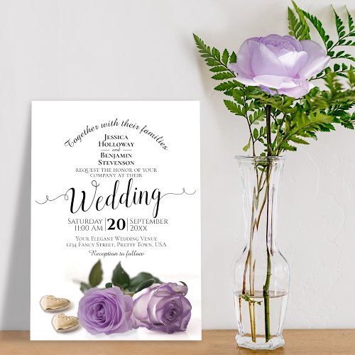 Lavender Purple Roses with Hearts Elegant Wedding Invitation