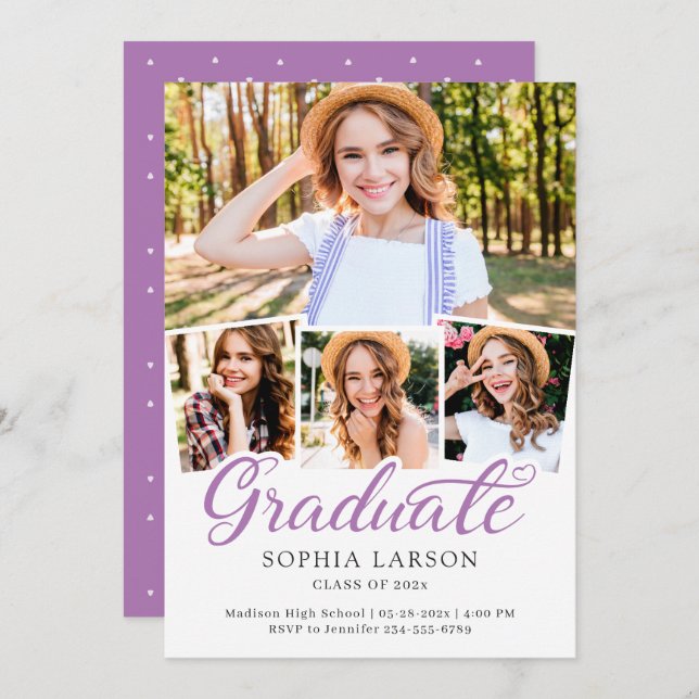 Lavender Purple Script 4 Photo Collage Graduation Announcement (Front/Back)