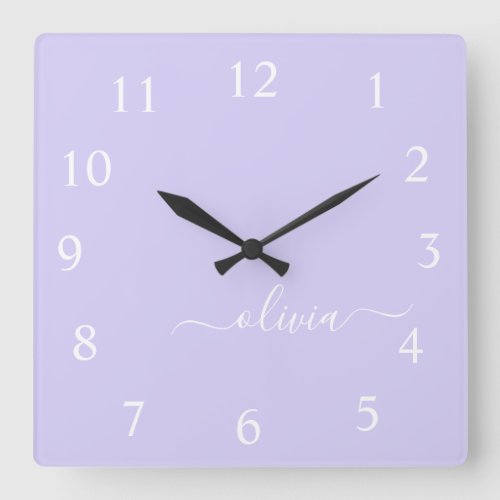Lavender Purple Script Monogram Girly Name  Square Wall Clock