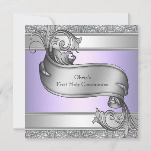 Lavender Purple Silver Cross Girls First Communion Personalized Invitation