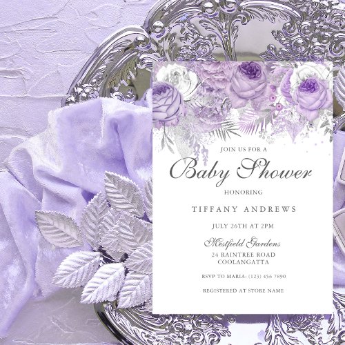 Lavender Purple Silver Floral Baby Shower Invite