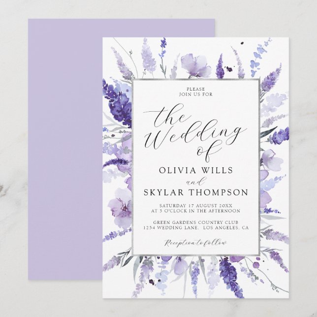 Lavender Purple Silver Floral Botanical Wedding  Invitation (Front/Back)