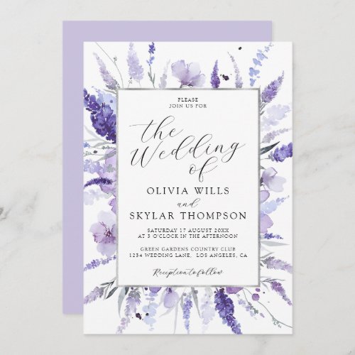 Lavender Purple Silver Floral Botanical Wedding  Invitation