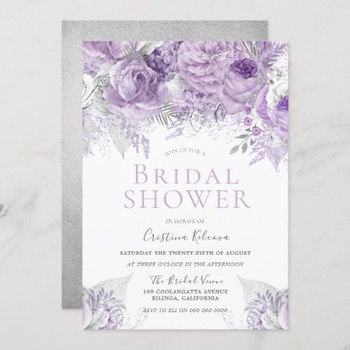 Lavender Purple Silver floral Bridal Shower Invitation