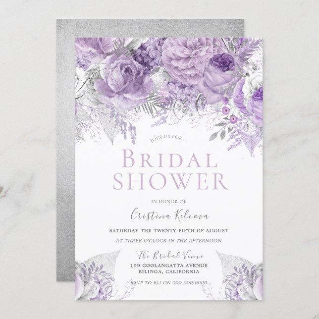 Lavender Purple Silver floral Bridal Shower Invitation (Front/Back)