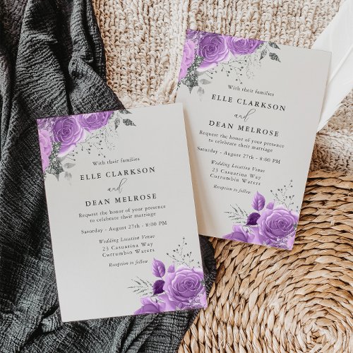 Lavender Purple  Silver Floral Elegant Wedding Invitation