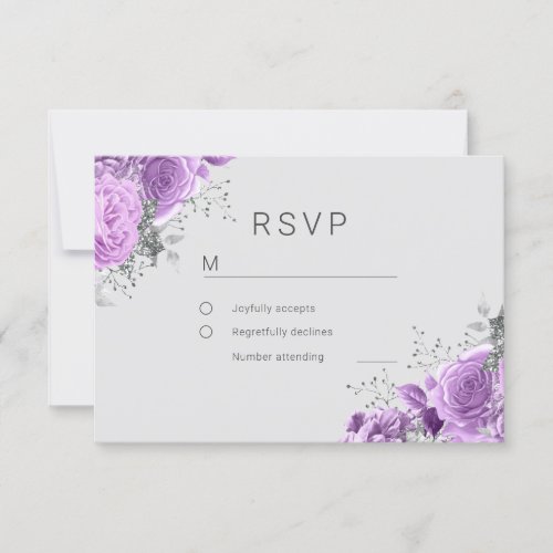 Lavender Purple  Silver Floral Elegant Wedding RSVP Card