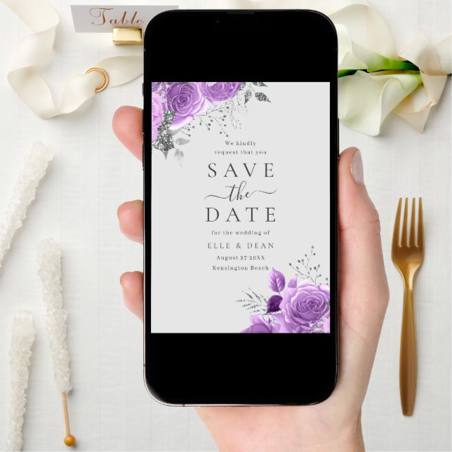 Lavender Purple & Silver Floral Elegant Wedding  Save The Date (Front Digital)
