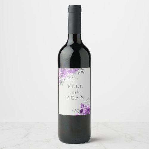 Lavender Purple  Silver Floral Elegant Wedding Wine Label