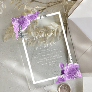 Lavender Purple & Silver Floral Frame Wedding Acrylic Invitations