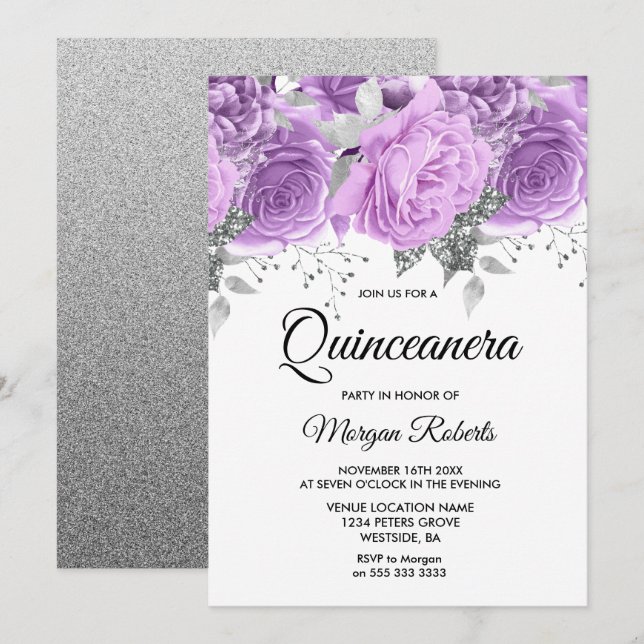 Lavender Purple Silver Floral Sparkle Quinceanera Invitation (Front/Back)