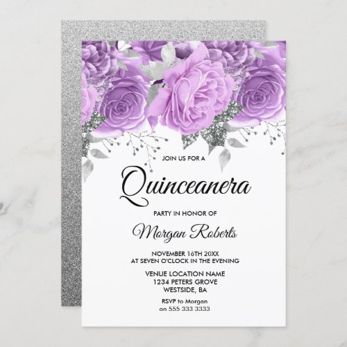 Lavender Purple Silver Floral Sparkle Quinceanera Invitation