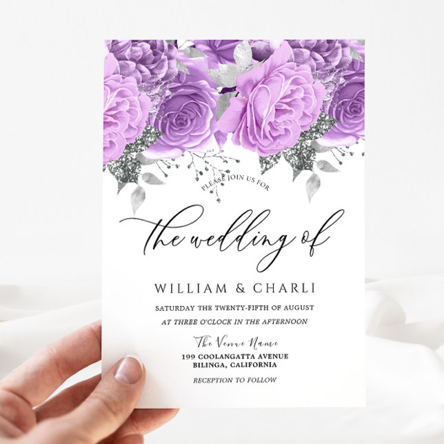 Lavender Purple & Silver Floral Sparkle Wedding Invitation (Creator Uploaded)