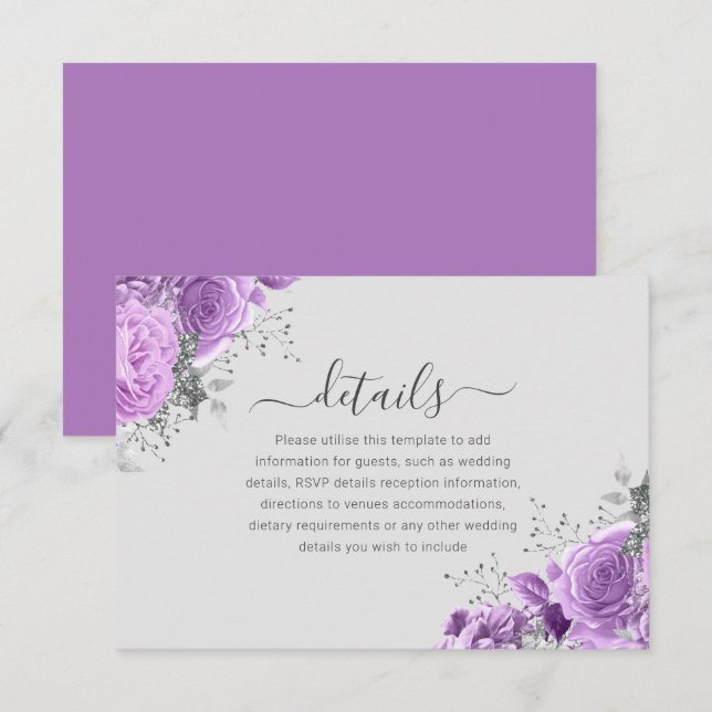 Lavender Purple & Silver Floral Wedding Details Enclosure Card (Front/Back)