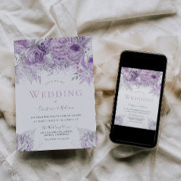 Lavender Purple Silver floral Wedding Invitation