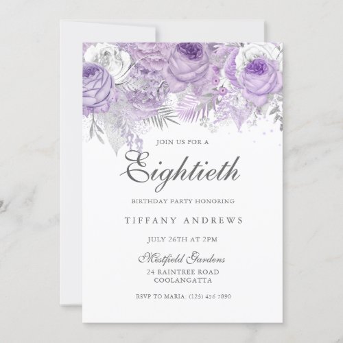 Lavender Purple Silver Flower 80th Birthday Party Invitation