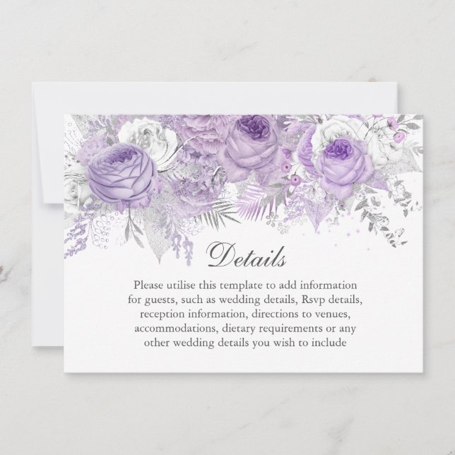 Lavender Purple Silver Flower Wedding Details Invitation (Front)