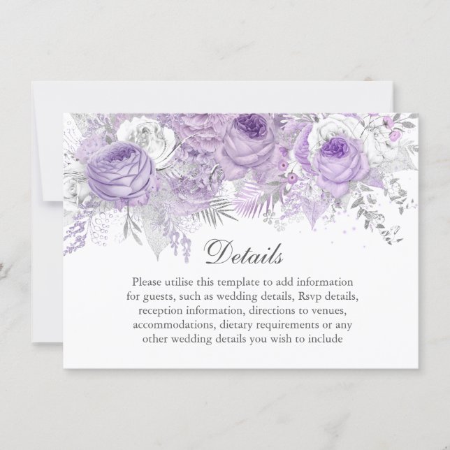 Lavender Purple Silver Flower Wedding Details Invitation (Front)