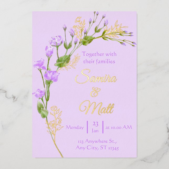 Lavender Purple Silver Foil Floral Boho Wedding Fo Invitation (Front)