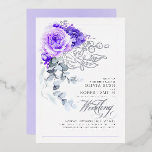 Lavender Purple & Silver Foil Floral Boho Wedding Foil Invitation