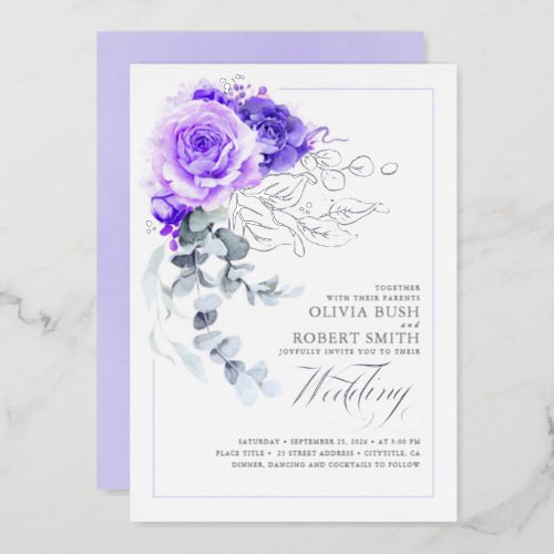 Lavender Purple  Silver Foil Floral Boho Wedding Foil Invitation