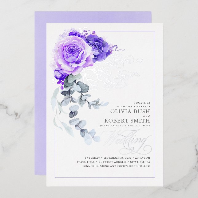 Lavender Purple & Silver Foil Floral Boho Wedding Foil Invitation (Front/Back)