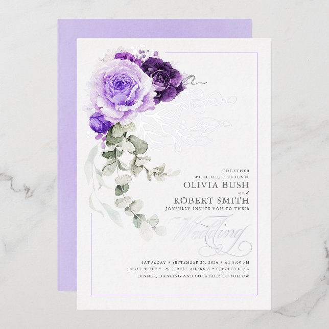 Lavender Purple & Silver Foil Floral Boho Wedding Foil Invitation (Front/Back)