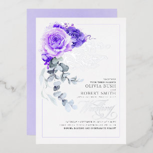Lavender Purple & Silver Foil Floral Boho Wedding Foil Invitation