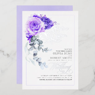 Lavender Purple & Silver Foil Floral Boho Wedding Invitation