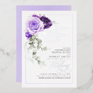 Lavender Purple & Silver Foil Floral Boho Wedding Invitation