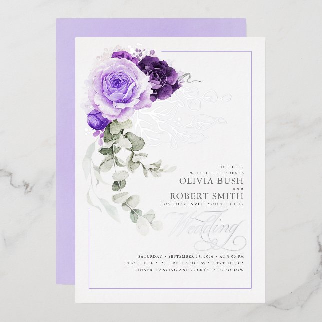 Lavender Purple & Silver Foil Floral Boho Wedding Invitation (Front/Back)
