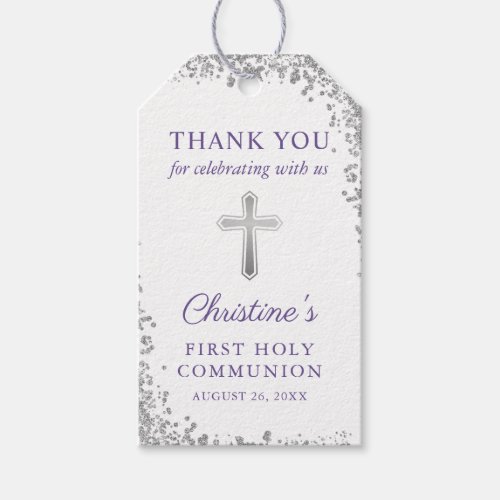 Lavender Purple Silver Glitter First Communion Gift Tags